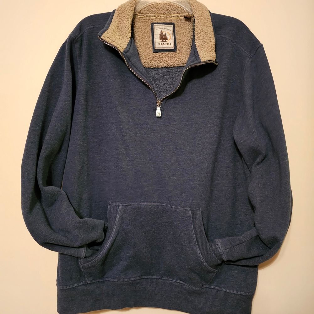 GH Bass Mens Navy Blue Heather Quarter Zip Faux Fur Lined Pullover Sweatshirt L